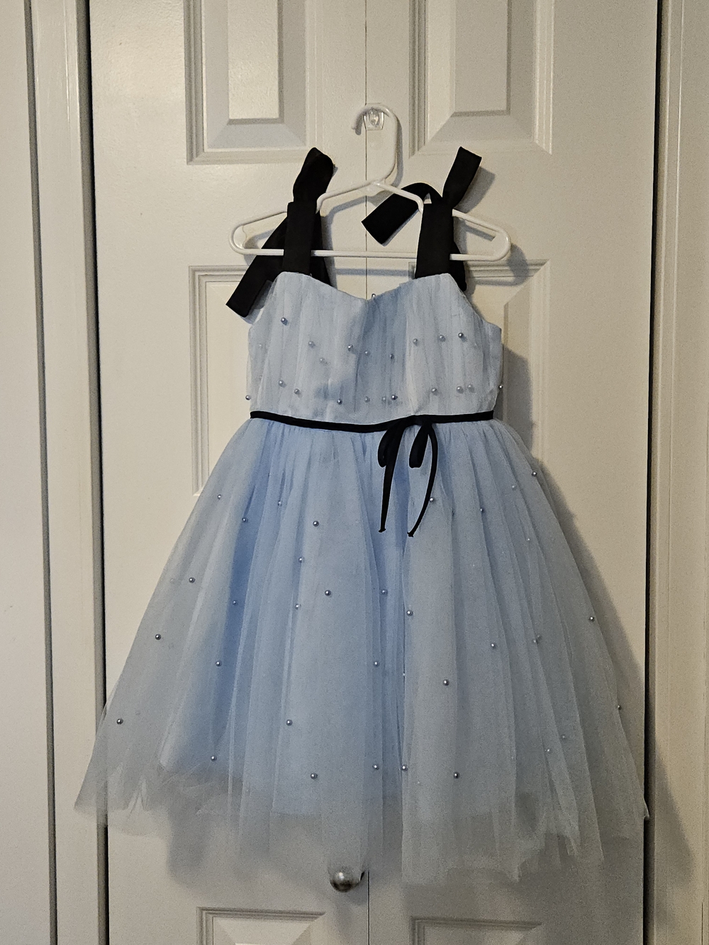 Light Blue Tulle Party Dress with Black Ribbon Straps